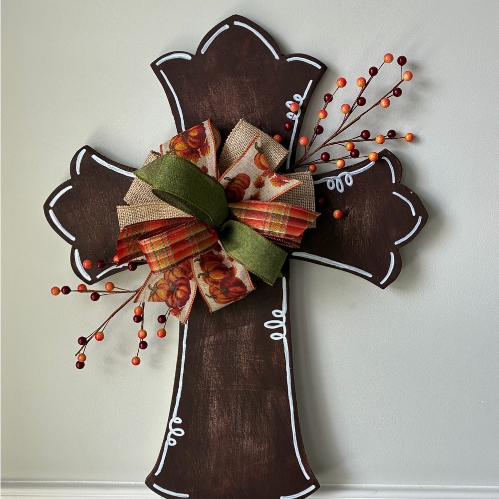 Rustic Brown Decorative Cross with Autumn Bow
